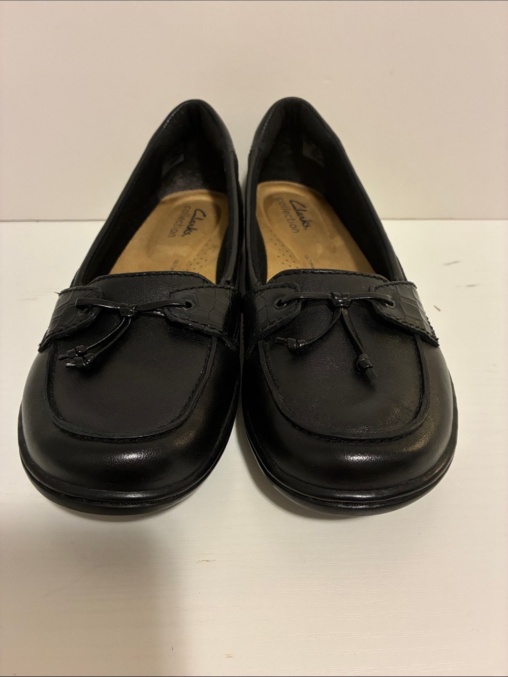 Clarks Black Leather Moc Toe Slip-On Loafers